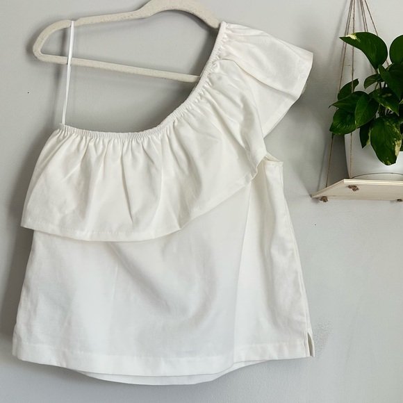 🩷NWT J CREW WHITE ONE SHOULDER TANK TOP RUFFLE SIZE MEDIUM SUMMER TREND - Picture 4 of 6
